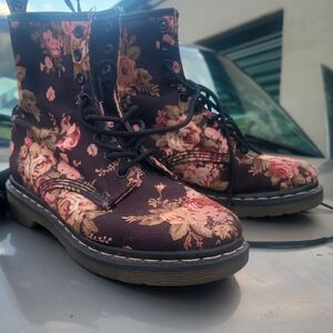 Doc Martins Floral Lace-Up Combat Boots - Black with Pink Rose Print
